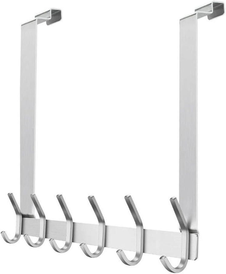 Stainless Steel Interior Door Coat Rack No Drilling with 6 Hooks Door Hook Strip for Bathroom Bedroom (Silver Inside)