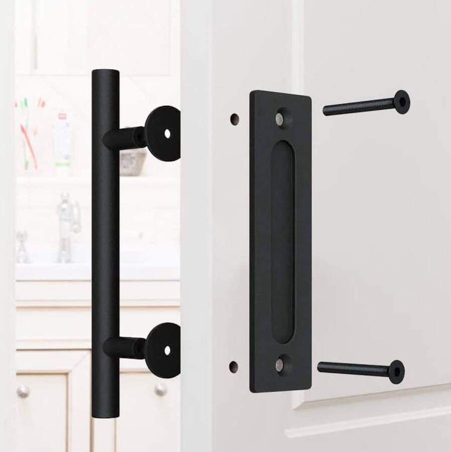 Staldeurgreep Zwarte schuifdeurgreep van RVS Staldeurgrepen voor buiten- en binnendeuren Staldeuren Kastdeuren Tuinhuisjes + 6 montageaccessoires