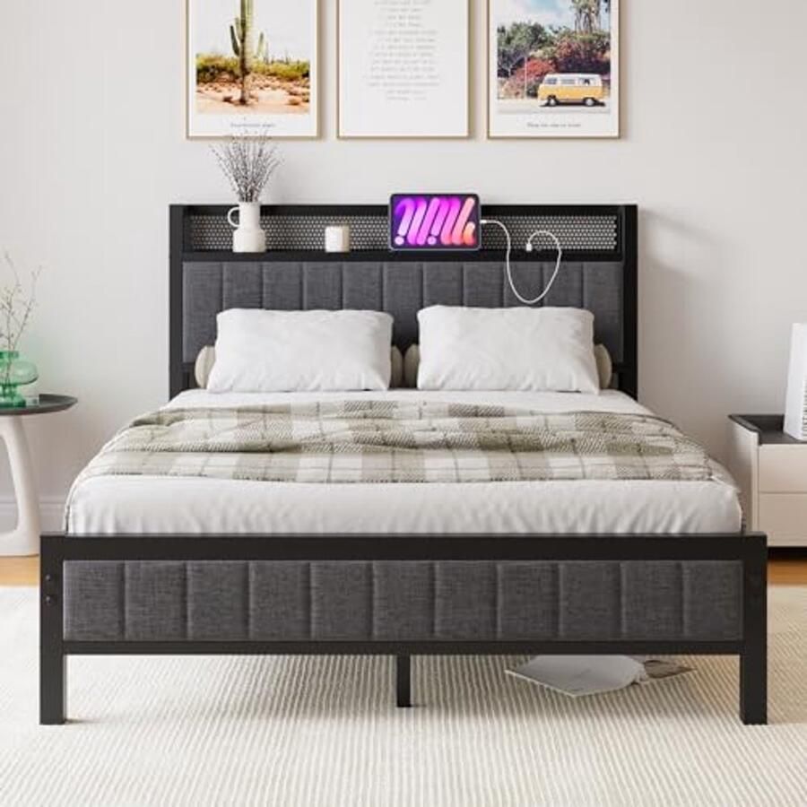 Stalen Bed met Oplaadstation en Hoofdbord 140 x 200 cm Modern en Praktisch