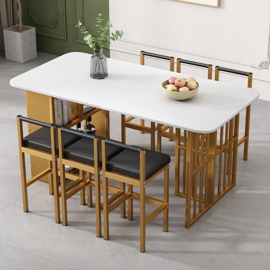 Stalen frame keuken tafel moderne eettafel Familie eettafel stoel set 1 eettafel 6 stoelen rechthoekige eettafel stoelen Wit en goud