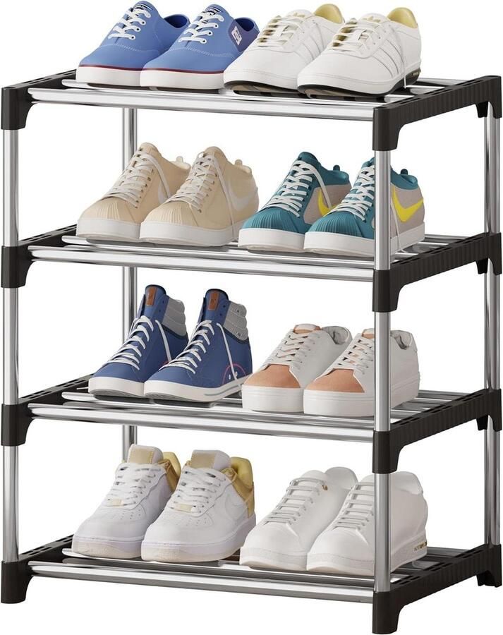 Stapelbaar schoenenrek 4 niveaus Beenruimteopslag Licht & stabiel Smal schoenenrek voor kast entree hal