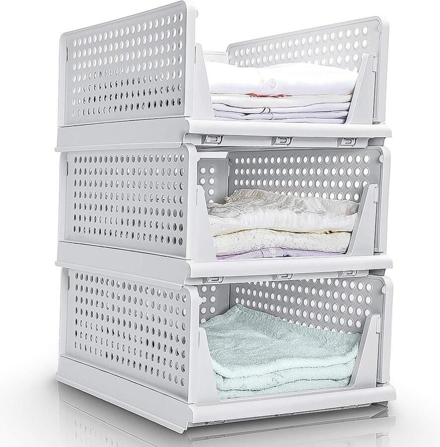 Stapelbare garderobe-organizer kledingopbergdoos 3 stuks beige herbruikbaar 43x33x19cm