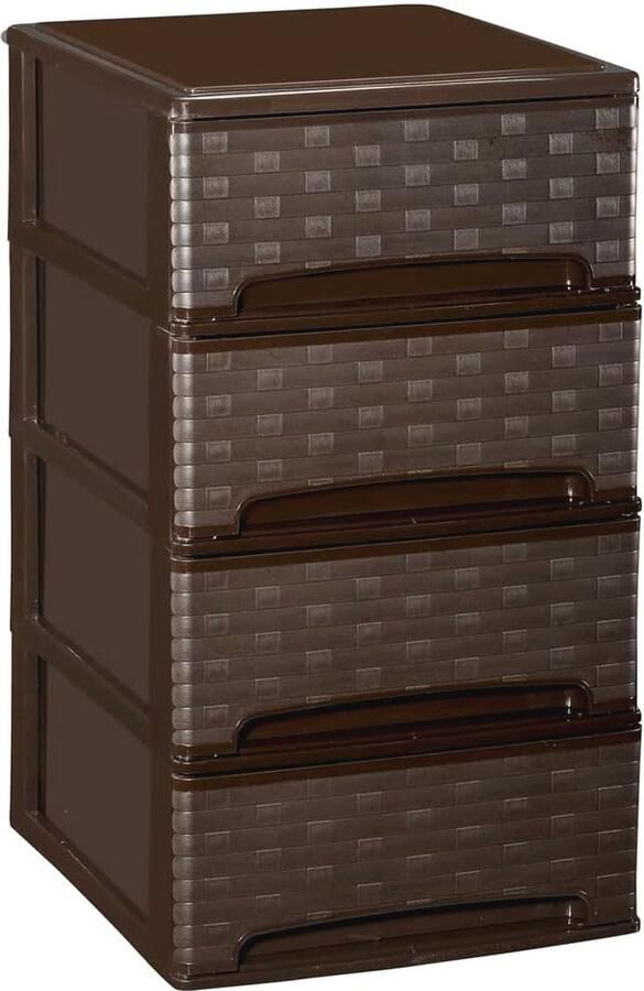 Stapelbare kunststof schuifladen met bamboe wengé afwerking Opbergdozen met 4 laden