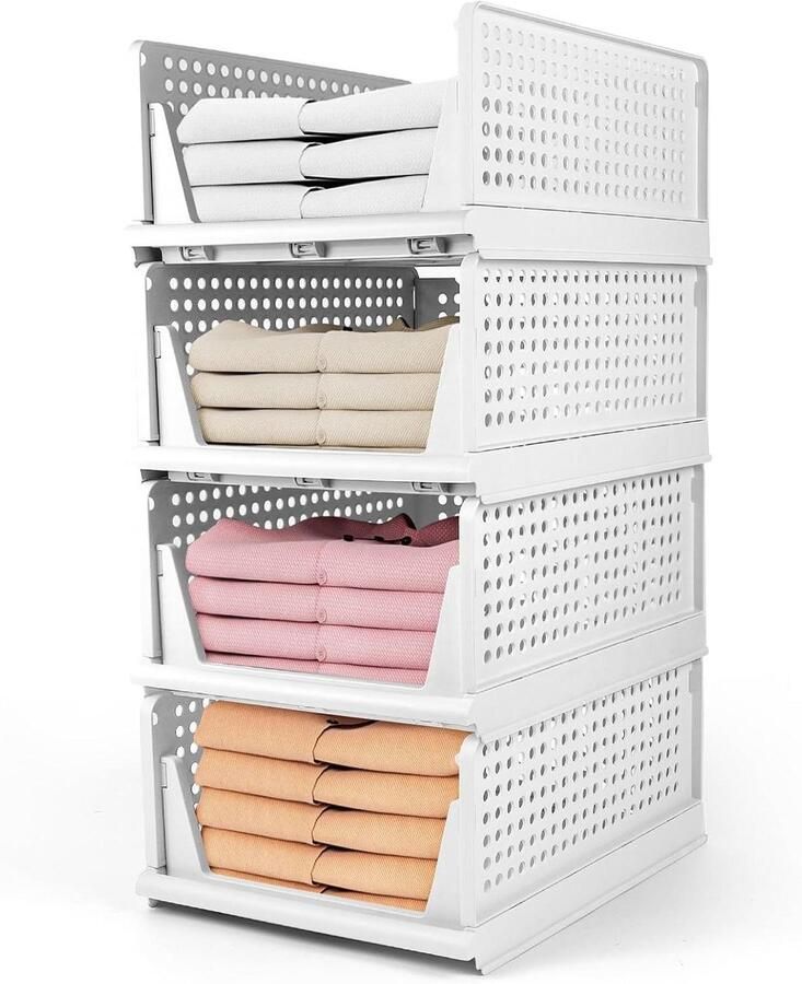 Stapelbare ladeboxen 4 stuks Kledingkast organizer uittrekbaar plastic lade-inzetstuk opvouwbare kast laden voor kleding Wit
