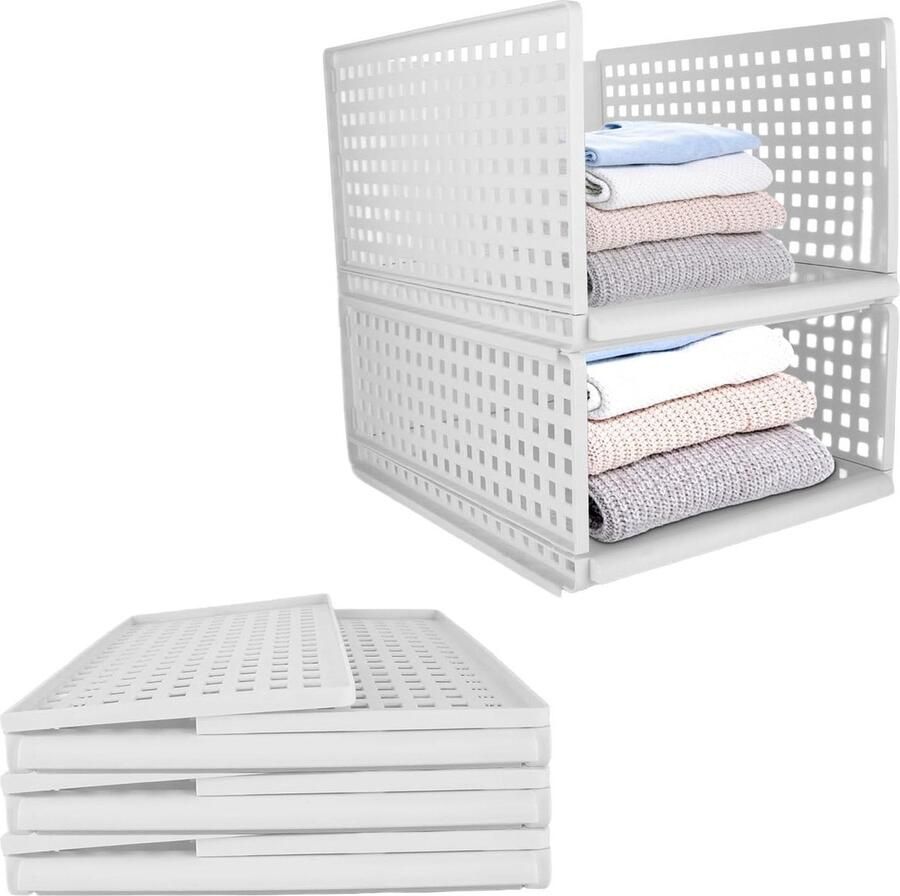 Stapelbare ladeboxen set van 5 425 x 33 x 18 cm wit opvouwbaar organizer voor kledingkast plastic opbergdozen thuis en slaapkamer