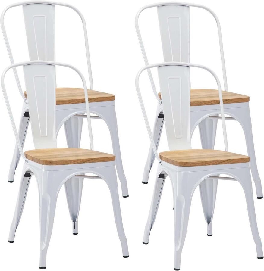 Stapelbare metalen bistrostoelen set van 4 wit met natuurlijk hout robuust en stijlvol
