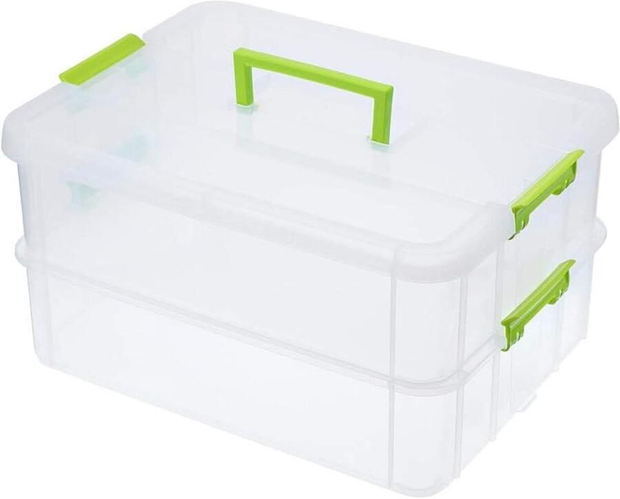 Stapelbare opbergdoos met 2 niveaus Plastic verstelbare opbergcontainers met draaggreep Transparante organizer voor kunst en handwerk speelgoed naai-accessoires (Groen)