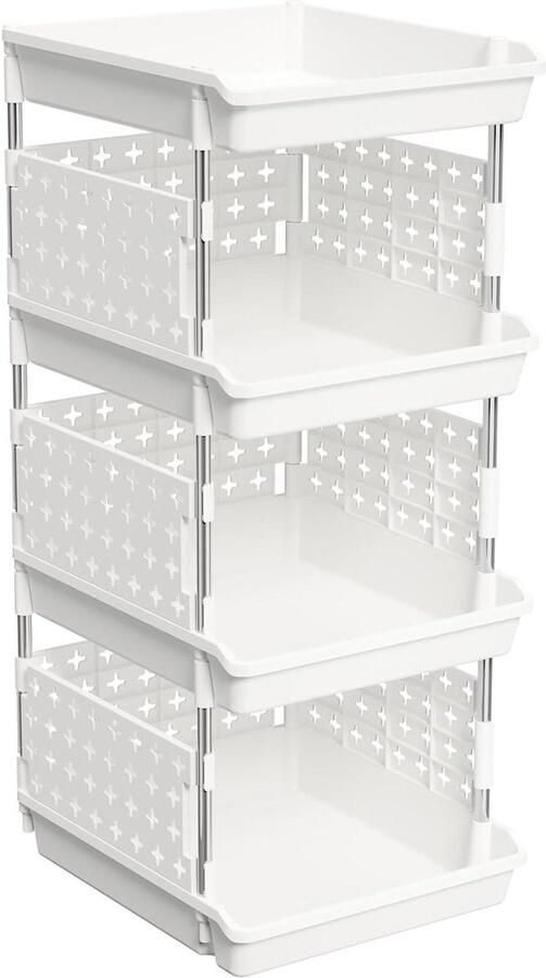 Stapelbare Opbergdozen 4 Niveaus Plastic Opbergrek voor Garderobe Keuken Groente Kast Opbergmeubel Wit 35 x 30 x 72 cm