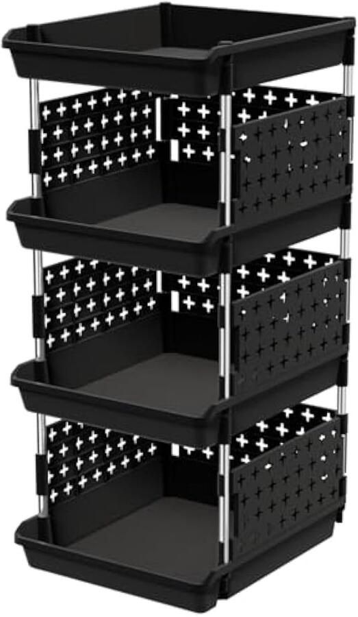 Stapelbare Opbergdozen 4 Niveaus Plastic Opbergrek voor Garderobe Keuken Groente Kast Opbergmeubel Zwart 35 x 30 x 72 cm