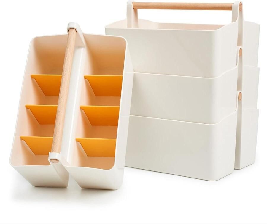 Stapelbare organizer doos caddy met handgreep Set van 4 opbergmanden met 8 vakken en verwijderbare verdelers Draagbox voor keuken kunsthandwerk kinderkamer badkamer Wit en oranje