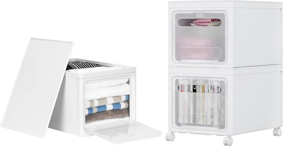 Stapelbare plastic opbergdozen met wielen organisatietool voor elke ruimte 3 stuks wit 30 x 40 x 25 cm