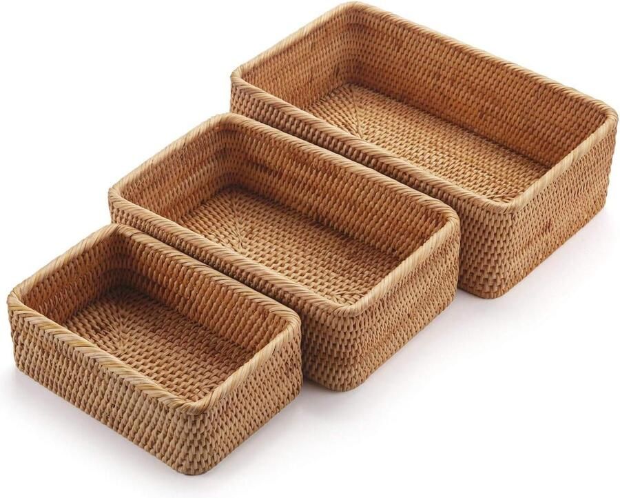 PolkaHome Stapelbare Rechthoekige Rotan Opbergmanden Geweven Rieten Dozen Sleutelhouder voor Keukenkasten en Plank Natuurlijke Set van 3 Wicker Storage Basket (2-5) - Foto 2