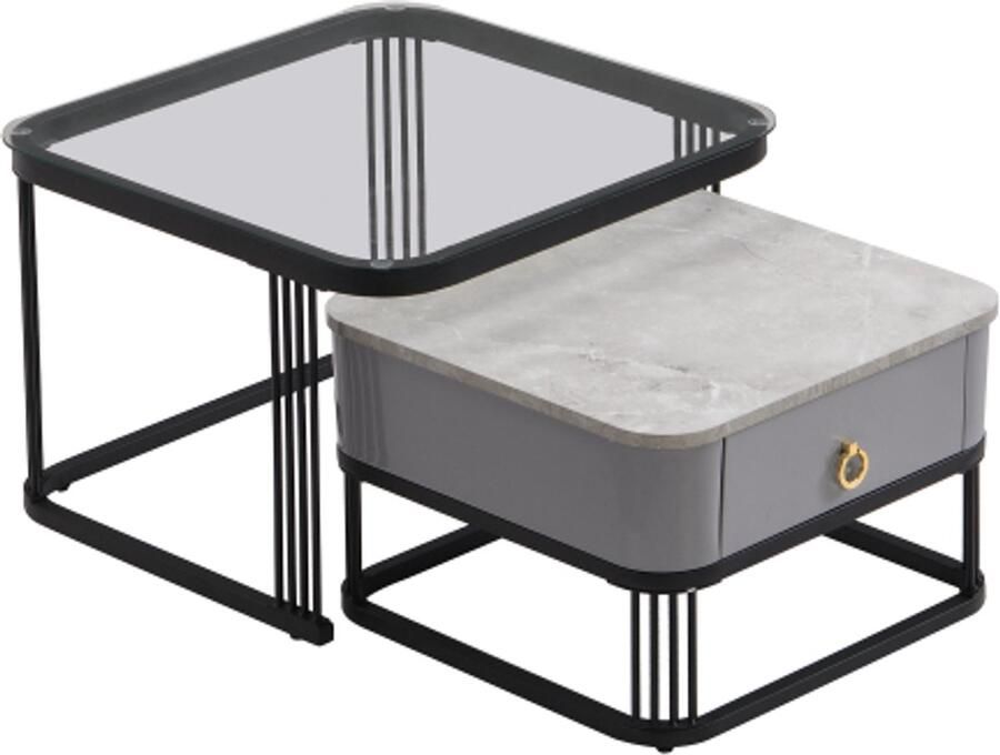 GOTAGEE Stapelbare salontafel: hoogglans marmerlook en glazen blad zwarte poten bijzettafel met lades in een set van 2