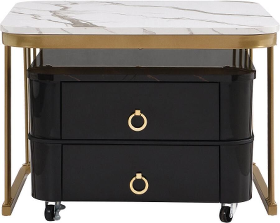 Zonder merk Gotagee Stapelbare Salontafel Zwart Hoogglans Marmerlook En Glasplaat Gouden Accenten Bijzettafel Met Laden Twee Delig Set