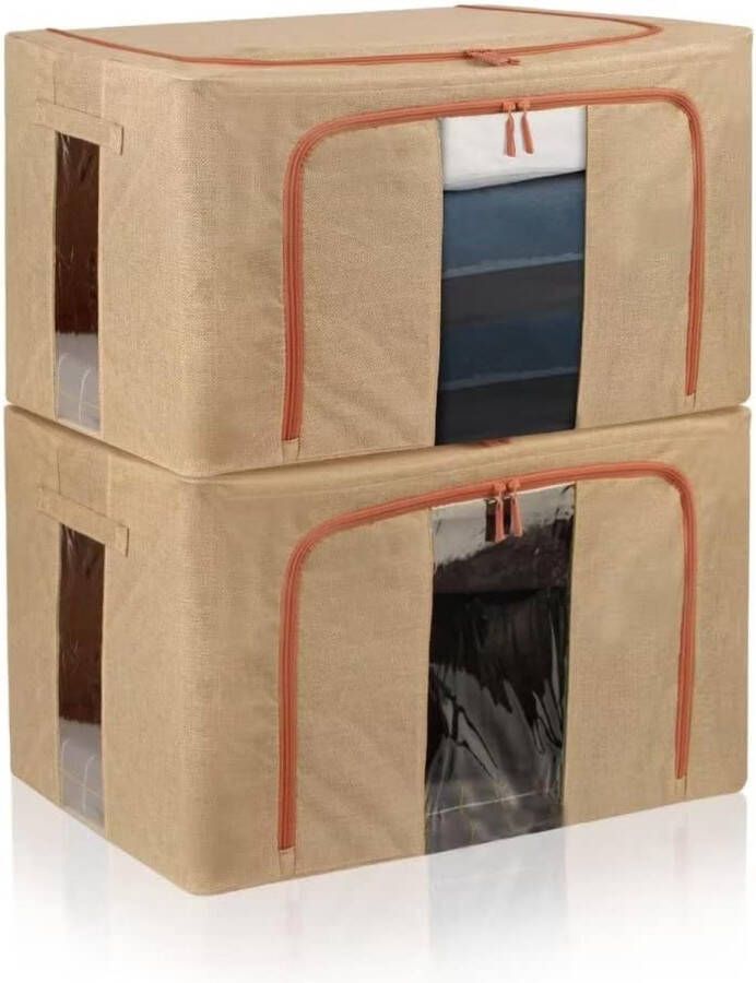 Stapelbare stalen frame kledingcontainer Opvouwbare kast Organizer Tassen Linnen stof kledingcontainer voor trui Beddengoed Deken (Beige 2 Pack 66L)