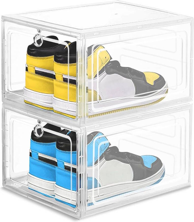 Stapelbare transparante schoenendozen set van 2 schoenendozen met deksel grote schoenendoos schoenenopbergdoos voor hoge hakken enkellaarzen pumps hoge toppen tot