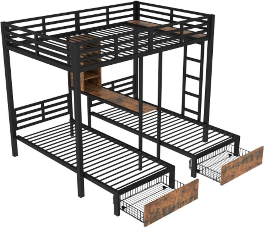 Stapelbed 140 x 200 cm + 90 x 200 cm 3 bedden met zijwand rails opbergvakken 2 lades planken zonder matras zwart