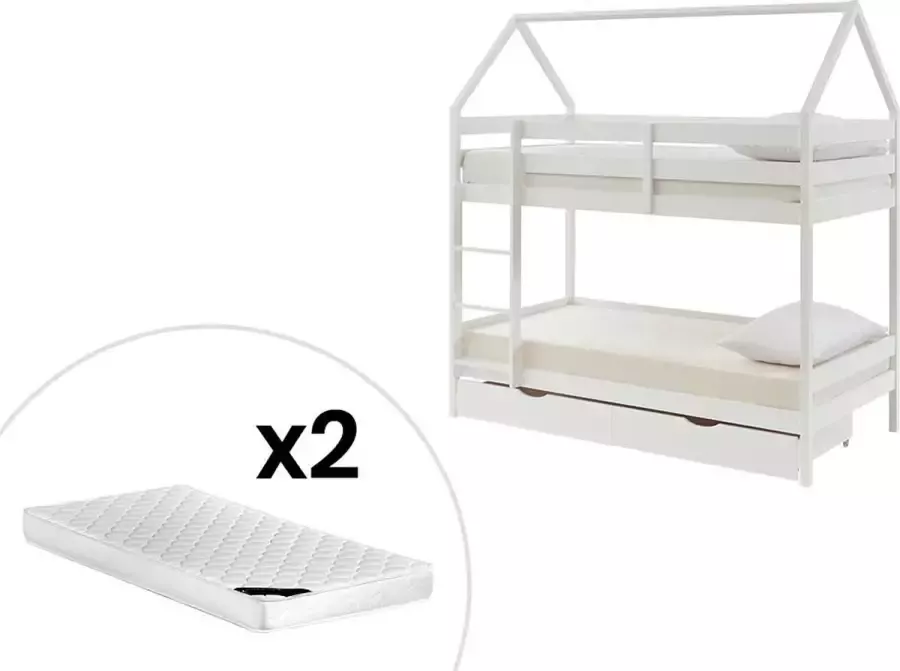 Vente-unique Stapelbed 2 x 90 x 190 cm 2 lades Grenen Wit + Matras CHORI L 196 cm x H 200 cm x D 96 cm - Foto 2