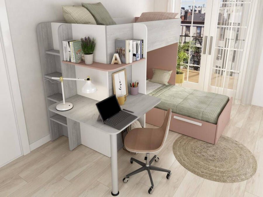 Vente-unique Hoekstapelbed 2 x 90 x 190 cm Met bureau Grijs wit en roze + matras SAMUEL L 241 cm x H 160.1 cm x D 194 cm - Foto 2