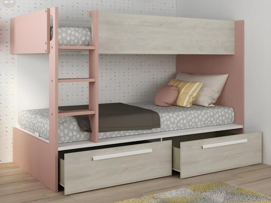 Stapelbed 2 x 90 x 200 cm 2 lades Roze houtlook en wit TINOLI L 205.6 cm x H 147 cm x D 108.5 cm