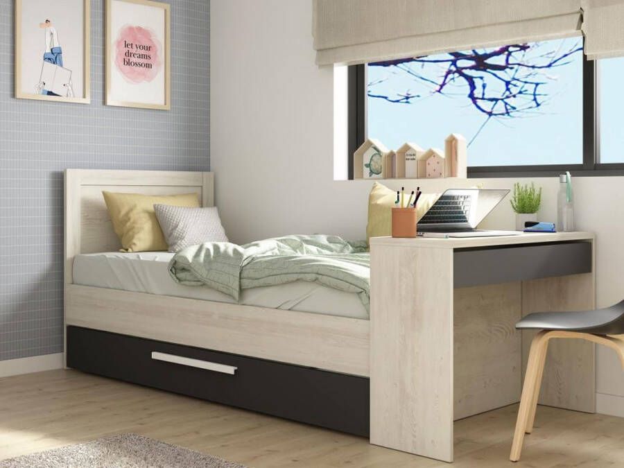 Stapelbed 2 x 90 x 200 cm Met bureau naturel en antraciet VOUANI L 237.5 cm x H 100.5 cm x D 98.7 cm