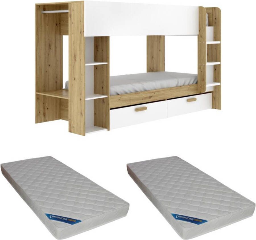 Vente-unique Stapelbed – 2 x 90 x 200 cm – Met opbergruimte en hangkast – Wit en houtlook – Met matrassen – OZANA L 245.5 cm x H 150 cm x D 110 cm - Foto 3