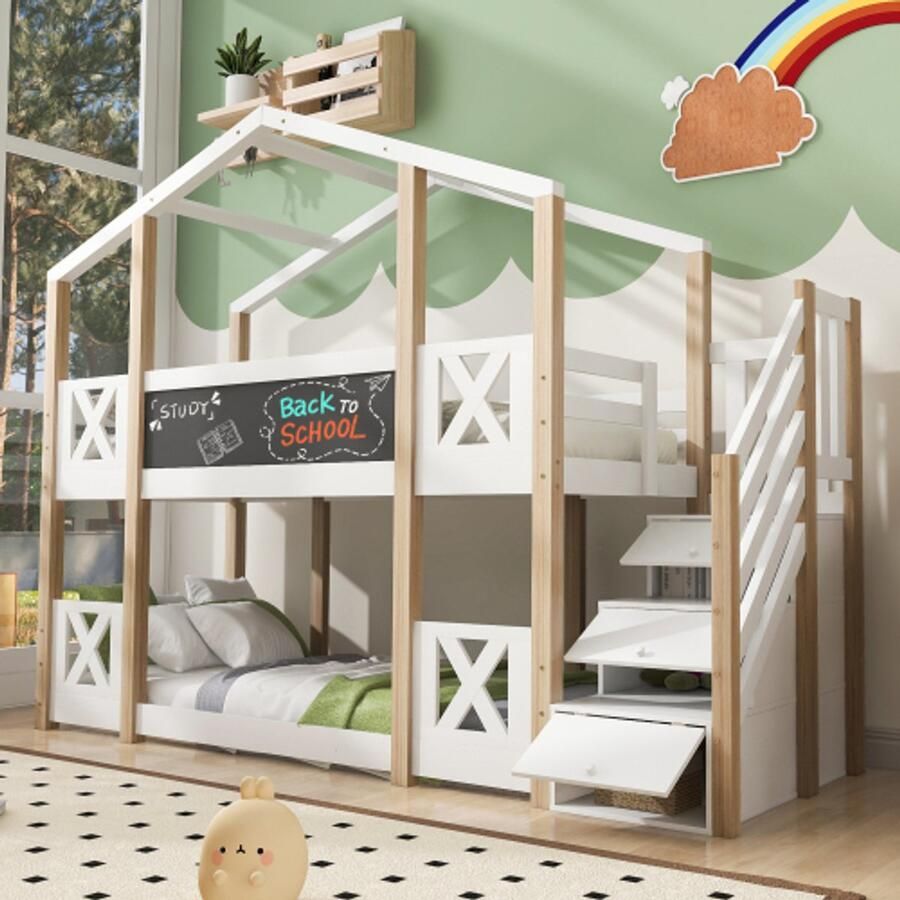 Stapelbed 90 x 200 cm kinderbed boomhut met trap opbergruimte en valbeveiliging hoogslaper voor kinderen – 2x lattenbodems – naturel & wit
