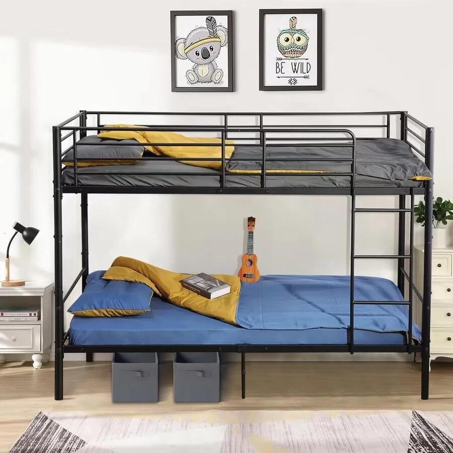 Stapelbed 90 x 200 cm met lattenbodem 2 laden en ladder kinderbed met valbeveiliging hoogslaper in zwart