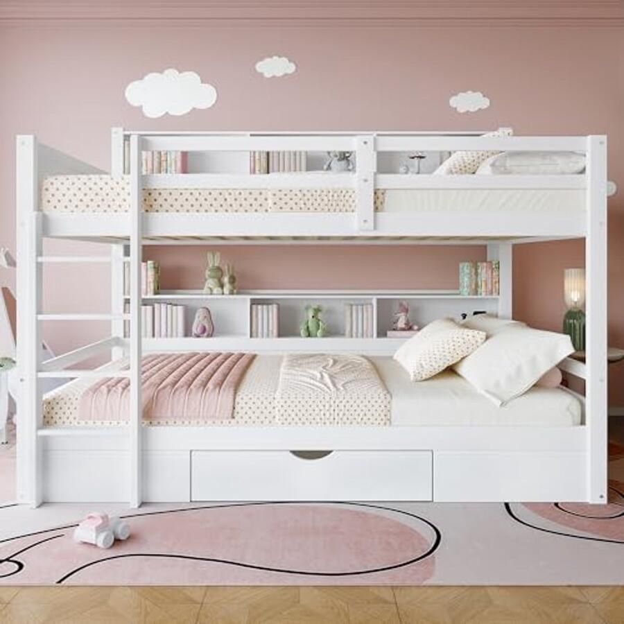 Stapelbed 90 x 200 cm voor Kinderen en Volwassenen met Opbergruimte Wit Houten Bed