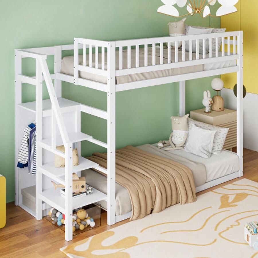 Merlooks Stapelbed 90*200cm Leuning Dennenhout En747 Opbergbare treden Kledingkast Zonder matras Wit