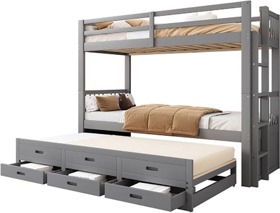 Stapelbed 90x200 cm voor meisjes en jongens met ladder en onderschuifbed en 3 laden grijs