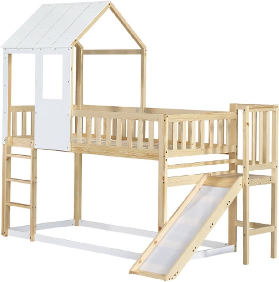 Stapelbed 90x200 cm Zonder matras Kinderbed Met Rechte Ladder en Glijbaan Naturel Wit Massief Kiefer Huisbed Met Dak en Ramen Met Valbeveiliging Voor Kinderkamer