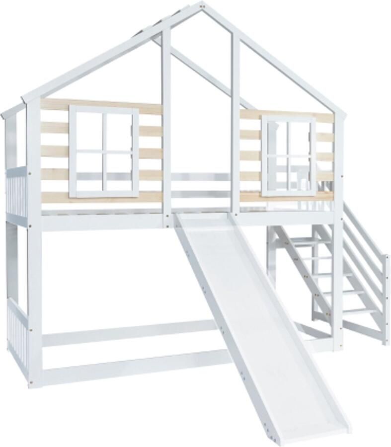 Stapelbed 90x200 cm Zonder matras Kinderbed Wit Massiefhout Met Glijbaan Trede en Ramen Huisbed Met Valbeveiliging Voor Kinderkamer
