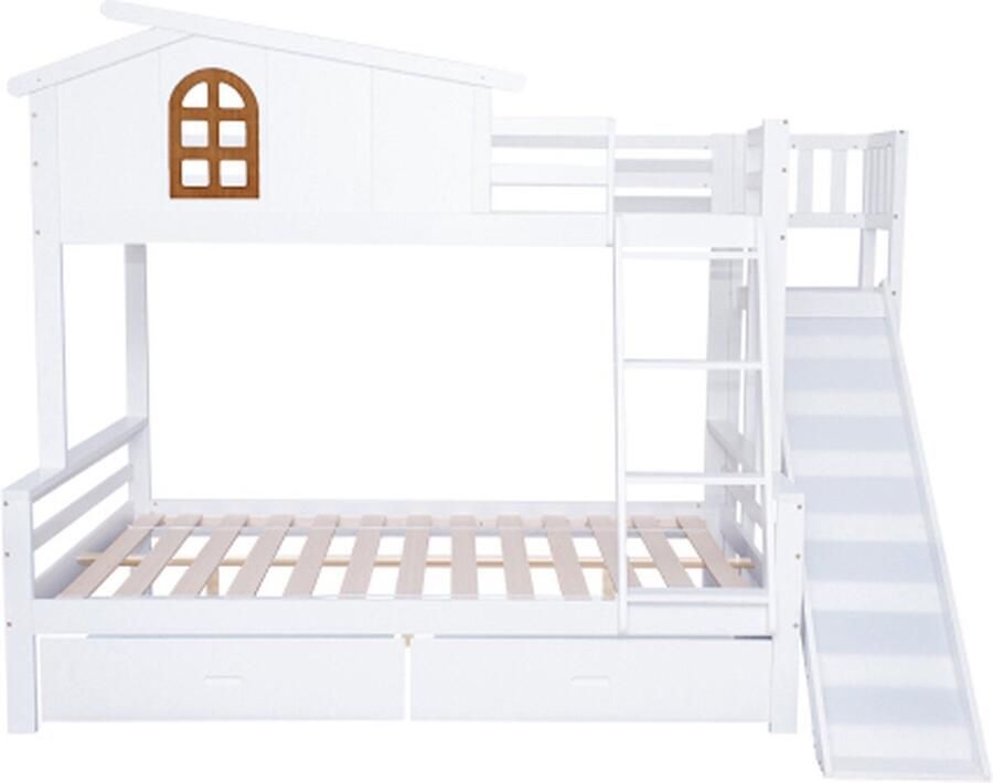 Zonder merk Gotagee Stapelbed 90x200 en 120x200cm Kinderbed zonder matras Wit massief houten frame met ramen vier-traps schuin ladder met glijbaan en twee lades