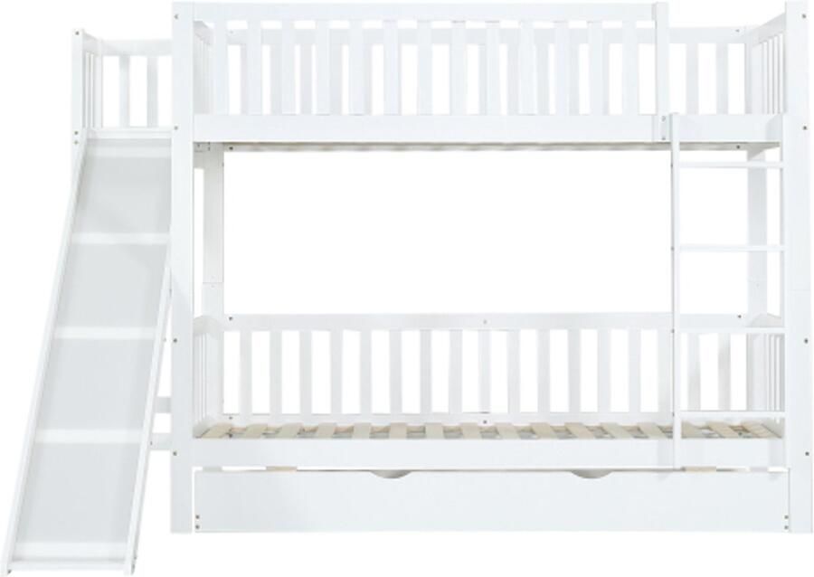GOTAGEE Stapelbed 90x200 190cm met uitschuifbed kinderbed met veiligheidshekje met glijbaan en planken met 4-traps rechte ladder grenen+MDF wit