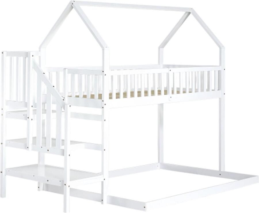 Stapelbed 90x200cm En 140x190cm Zonder Matras Huisbed Wit Kiefer Met Trap Traphekje En Gitter Geschikt Voor Kinderen
