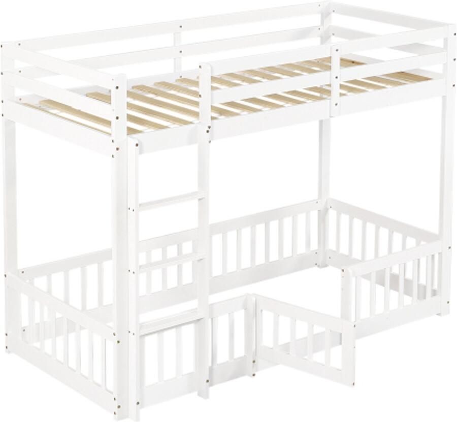 Stapelbed 90x200cm houten bed met haakse trap met leuning en deur met valbeveiliging vrije ontwerpruimte onder het bed wit