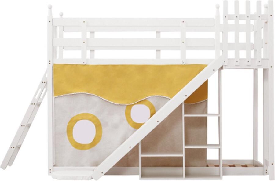 Zonder merk Gotagee Stapelbed 90x200cm Houten bed zonder matras Wit Grenenhout met houten latten met trap en hekwerk met bedgordijn en glijbaan