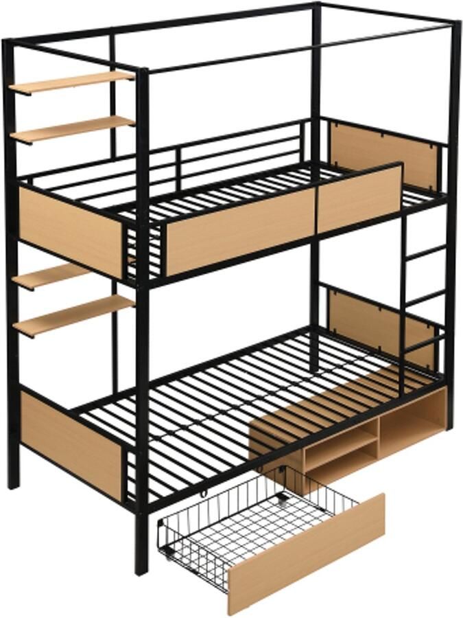 Stapelbed 90x200cm ijzeren bed ijzer + MDF dubbele plank aan het bed stevige leuningen en ladders opbergruimte onder het bed zwart + naturel