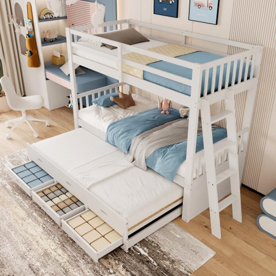Stapelbed 90x200cm kinderbed huisbed voor meisjes en jongens bedframe van grenen en MDF met ladder en uitschuifbaar bed en 3 laden wit