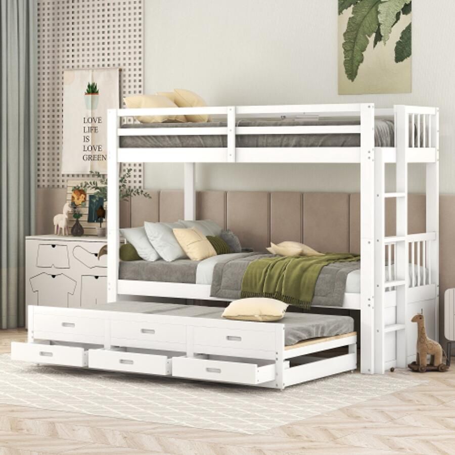 Stapelbed 90x200cm kinderbed huisbed voor meisjes en jongens bedframe van grenen en MDF met ladder en uitschuifbed en 3 lades wit