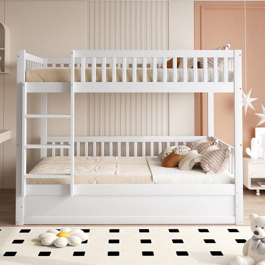 Pugsdrly Stapelbed voor kinderen 90 * 200 van massief hout Hydraulisch opbergsysteem robuust en duurzaam uitschuifbed voor kinderen Wit