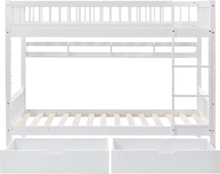 Zonder merk Gotagee Stapelbed 90x200cm Kinderbed zonder matras Wit Grenenhout met 3-traps rechte ladder met valbeveiliging planken en lades
