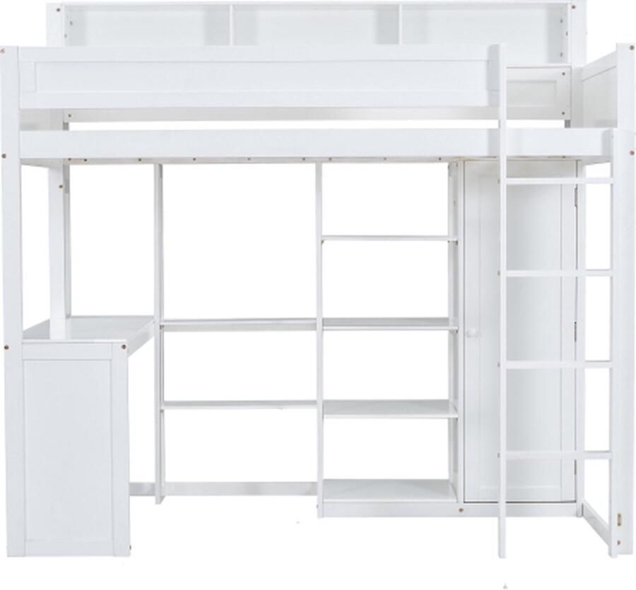 Zonder merk Gotagee Stapelbed 90x200cm Kinderbed zonder matras Wit Grenenhout met tafeltje kast met planken en vier-traps ladder geïntegreerde opbergruimte