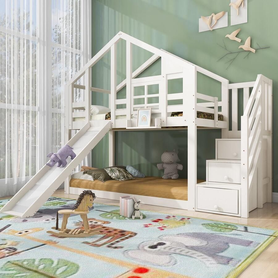 Gotagee Kinderbed boomhut 90 x 200 cm stapelbed voor kinderen in raamdesign met glij- en valbeveiliging wit inclusief plank 2x lattenbodem (zonder matras)