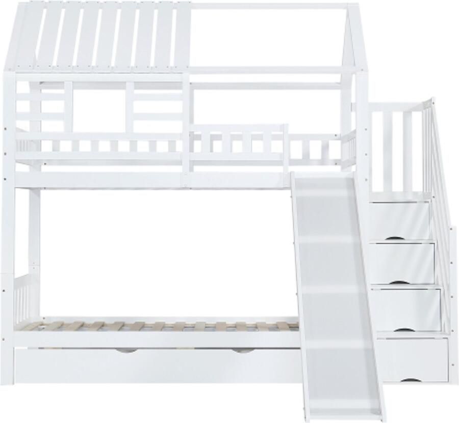 GOTAGEE Stapelbed 90x200cm met trap en glijbaan huisbed trap met opbergruimte frame van grenenhout en MDF kinderbed met raam en dak met veiligheidshekje en lade wit