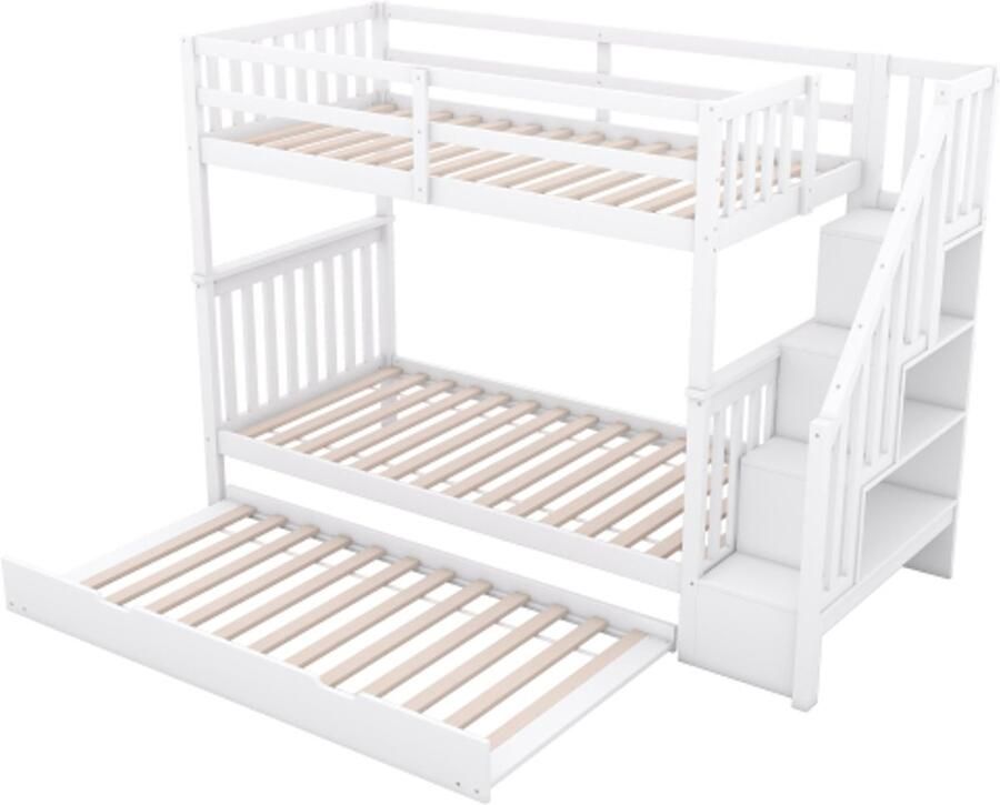 Stapelbed 90x200cm trapplank voorzien van uitschuifbaar onderschuifbed hoge leuning wit