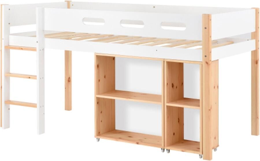 Stapelbed 90x200cm Zonder Matras Hoogslaper Natuur+Wit Kiefer+MDF Met Opslagkast En 3 Staps Rechte Trap Met Valbeveiliging