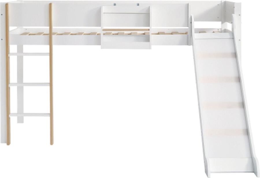 Zonder merk Gotagee Stapelbed 90x200cm zonder matras Hoogslaper Wit+Natuur met drie-traps rechte ladder met glijbaan met afneembaar rek Grenenhout