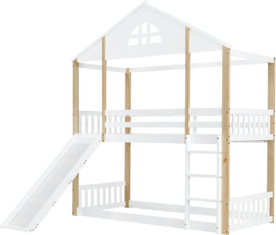 Stapelbed 90x200cm Zonder Matras Huisbed Met Glijbaan En Hoektrap Raamontwerp Massief Hout Wit Natuurlijk Voor Spel En Slaapkamer - Foto 2